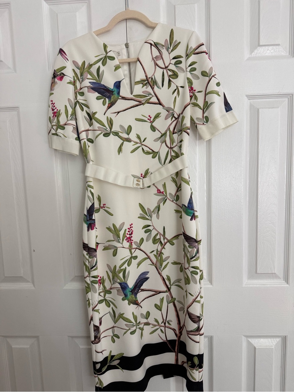 Ted Baker London Cream Midi Dress with Blue Bird Motif size 8-10